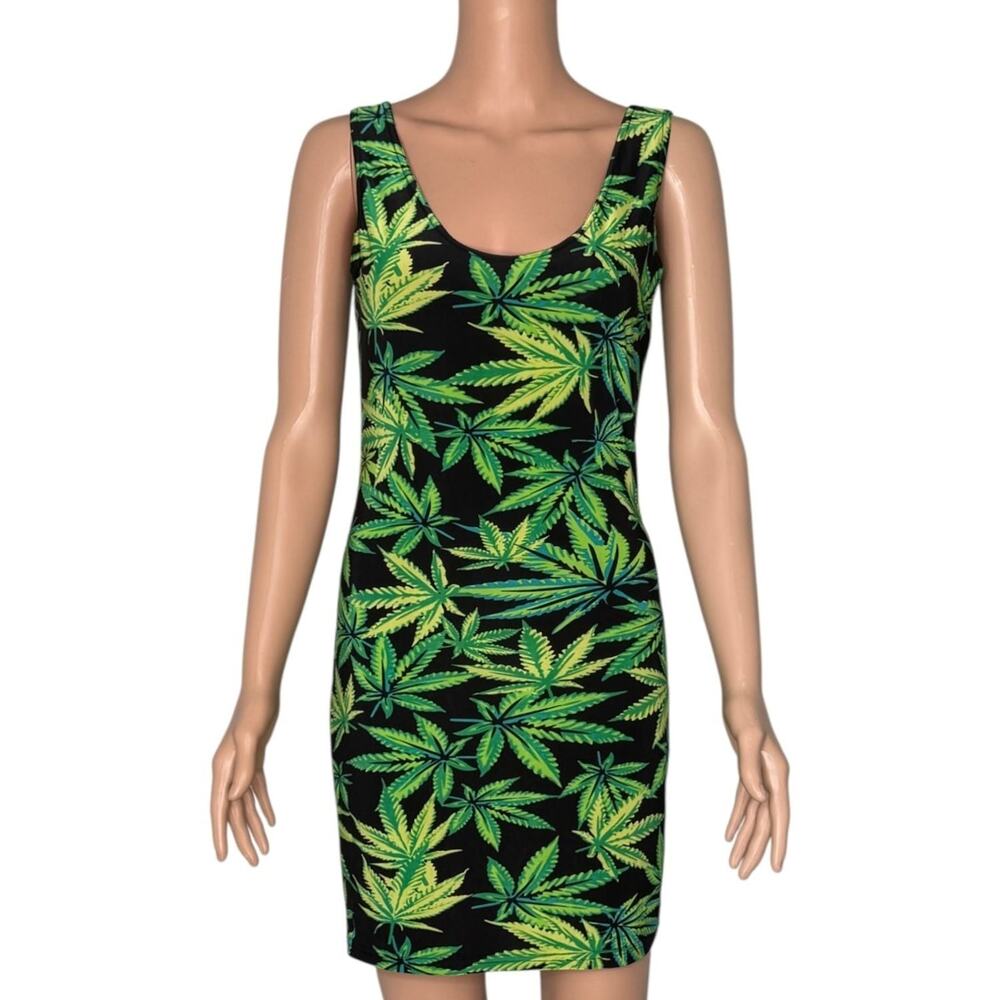 Dolls Kill Green and Black Marijuana Weed Leaf Bodycon Mini Dress
